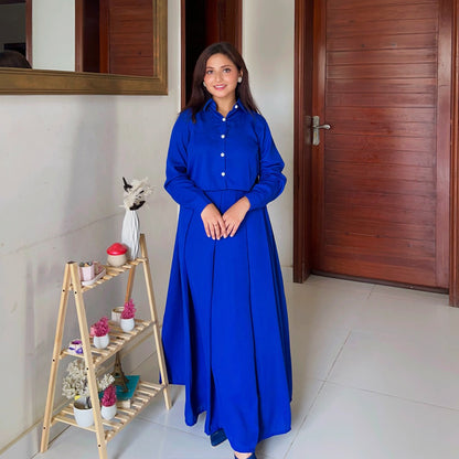 Royal Blue Skirt with Button-down Shirt