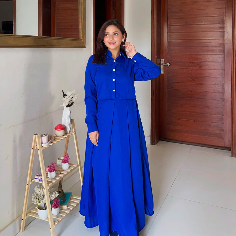 Royal Blue Skirt with Button-down Shirt